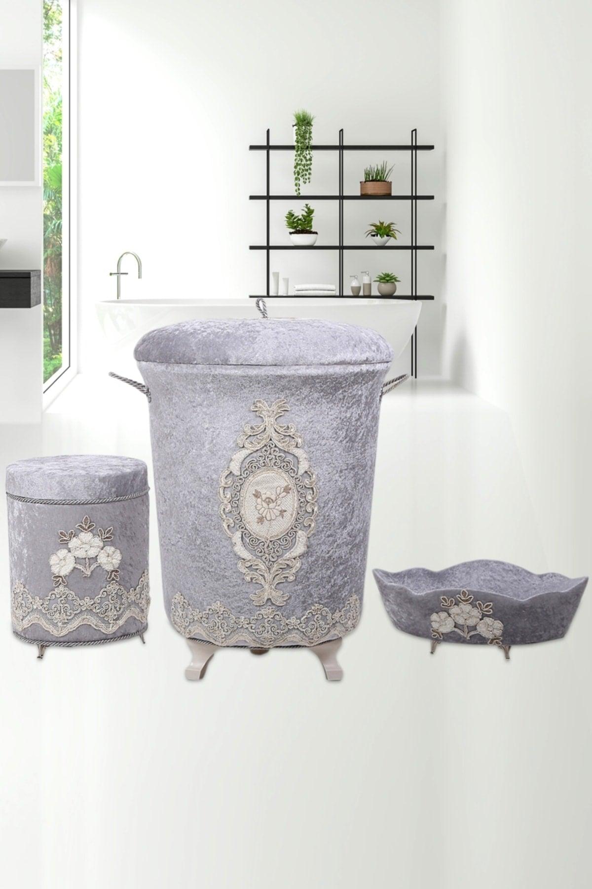 Lisa Gray 3 Pcs Velvet Dowry Lacy Bathroom Dirty Laundry Basket Set | Bathroom Set - Swordslife