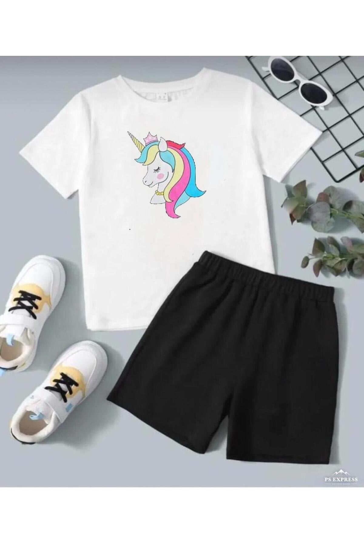 GIRL CROWN UNICORN PRINT SHORTS SUIT