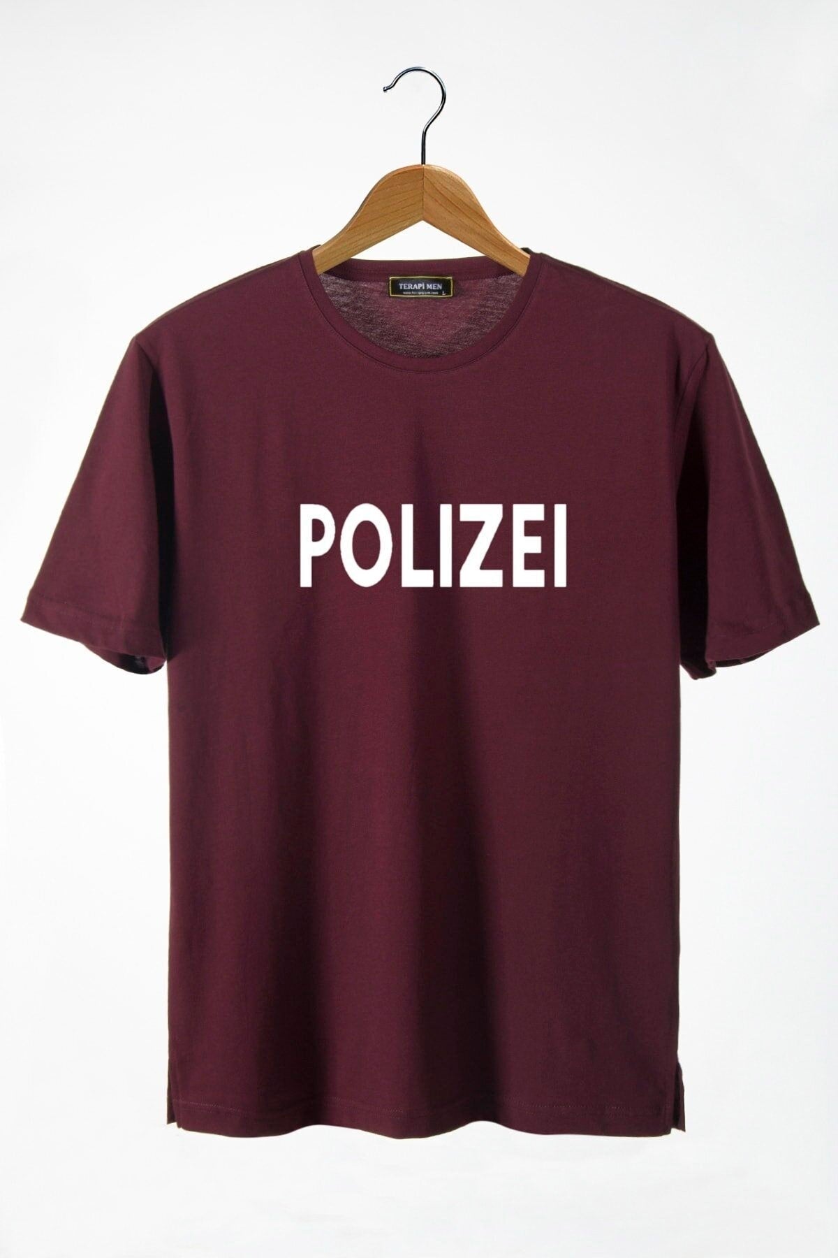 Men'S Burgundy Front Polizei Printed Crew Neck Oversize Fit Basic Cotton T-Shirt