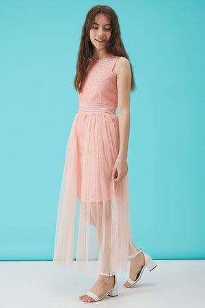 Girl Salmon Stone Detailed Tulle Evening Dress 15160