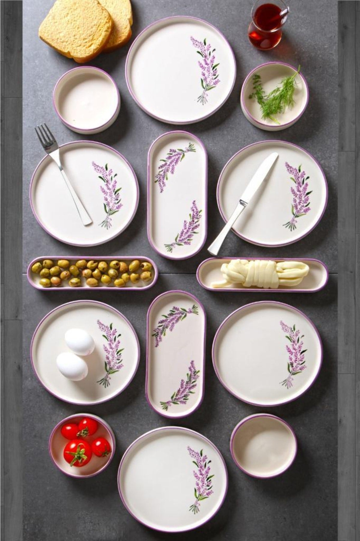 14 Piece Stackable Lavender Pattern Breakfast Set For 6 Persons Handmade Special Design Breakfast Set