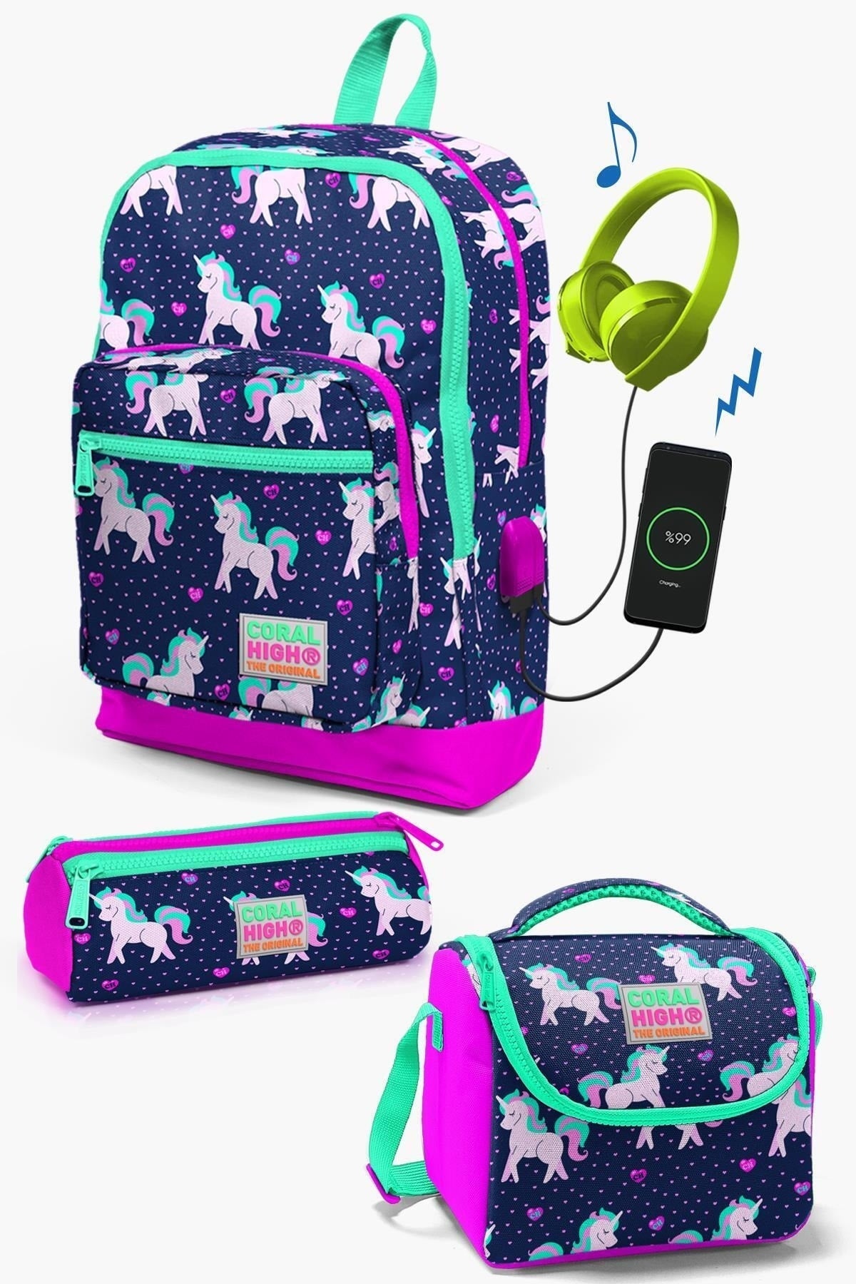 Kids Navy Blue Pink Unicorn Patterned Usb 3 Pcs School Bag Set Set0123270