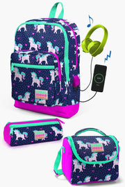 Kids Navy Blue Pink Unicorn Patterned Usb 3 Pcs School Bag Set Set0123270