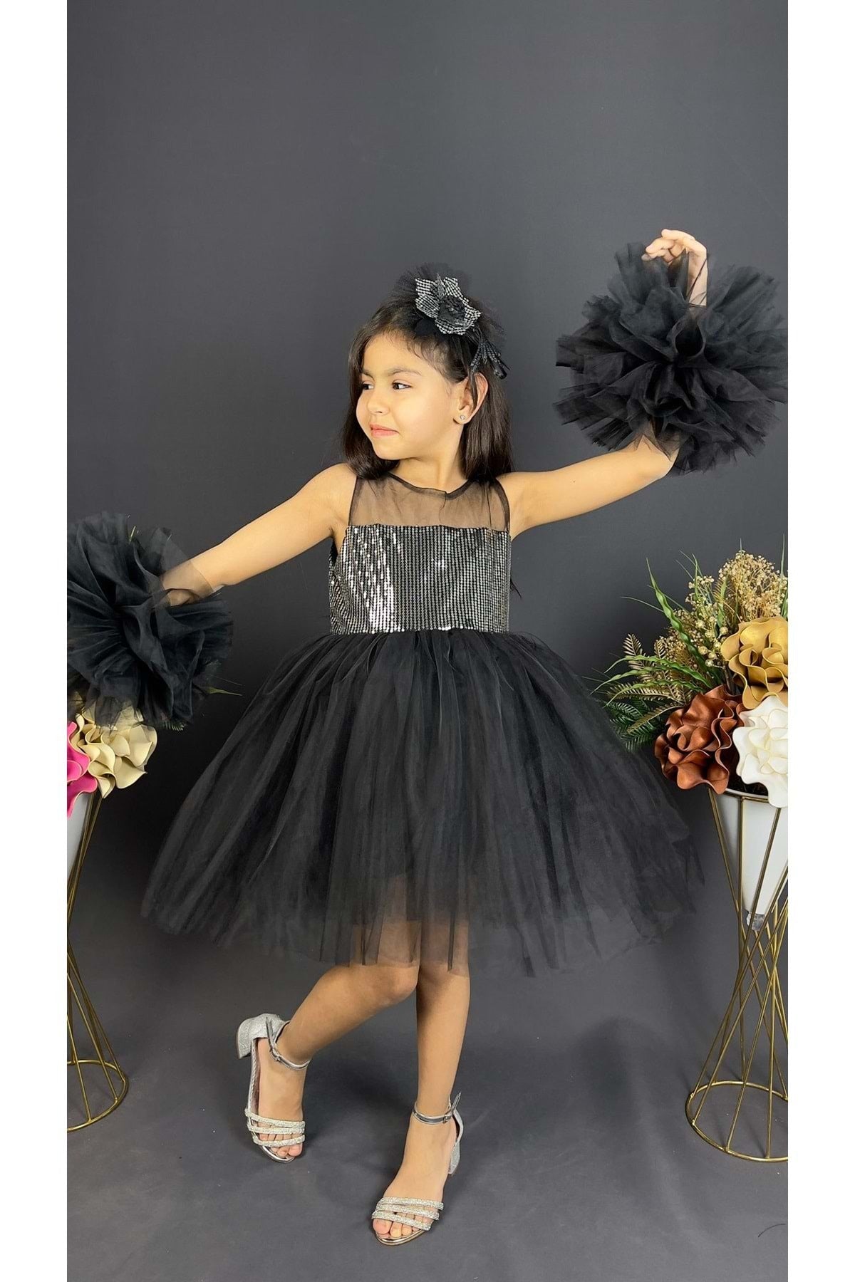 Chiffon Robe Pompom Sleeve Sequined Girls Fluffy Skirt Tulle Evening Dress Black - Gray