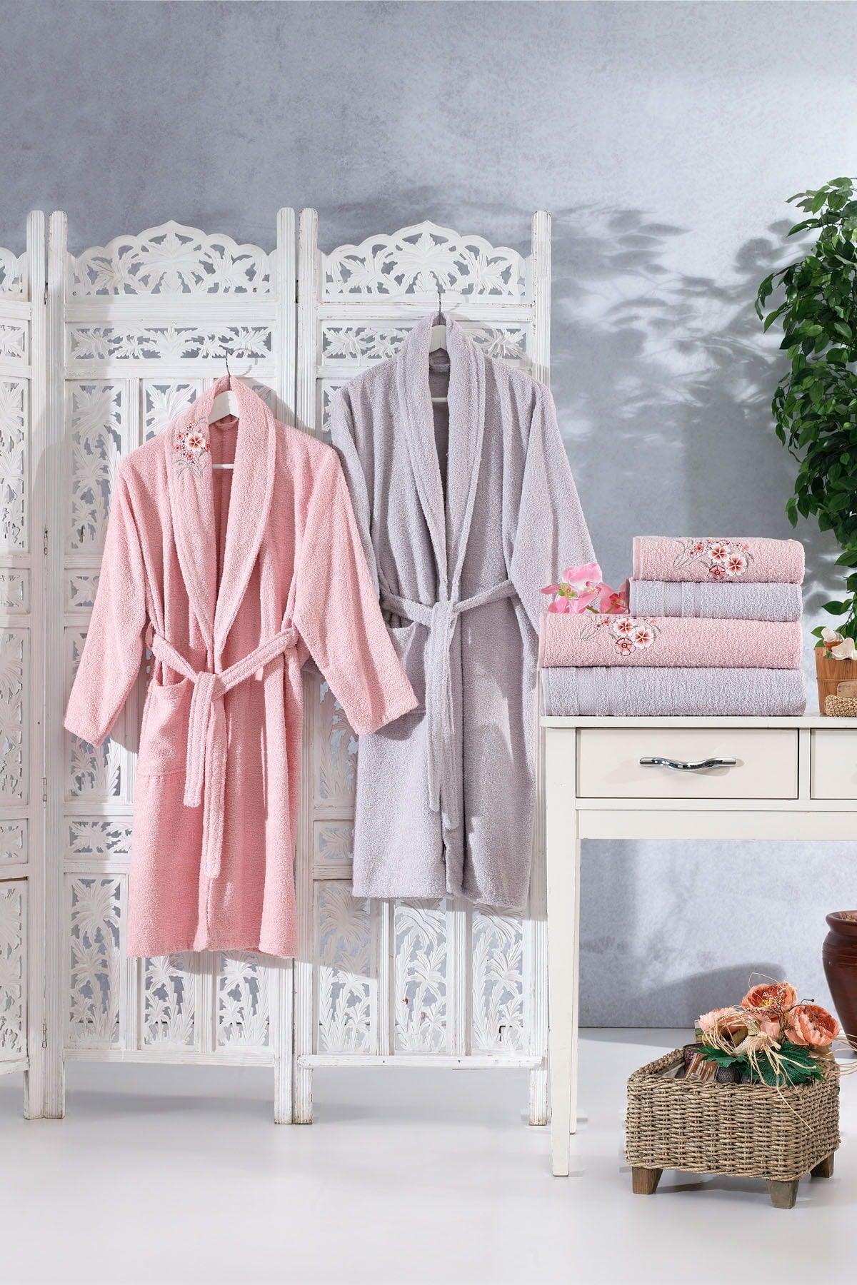 Family Embroidered Pink & Lilac Family Bathrobe Set 6 Pieces Dowry Women Men Bathrobes Bath Towel Set - Swordslife