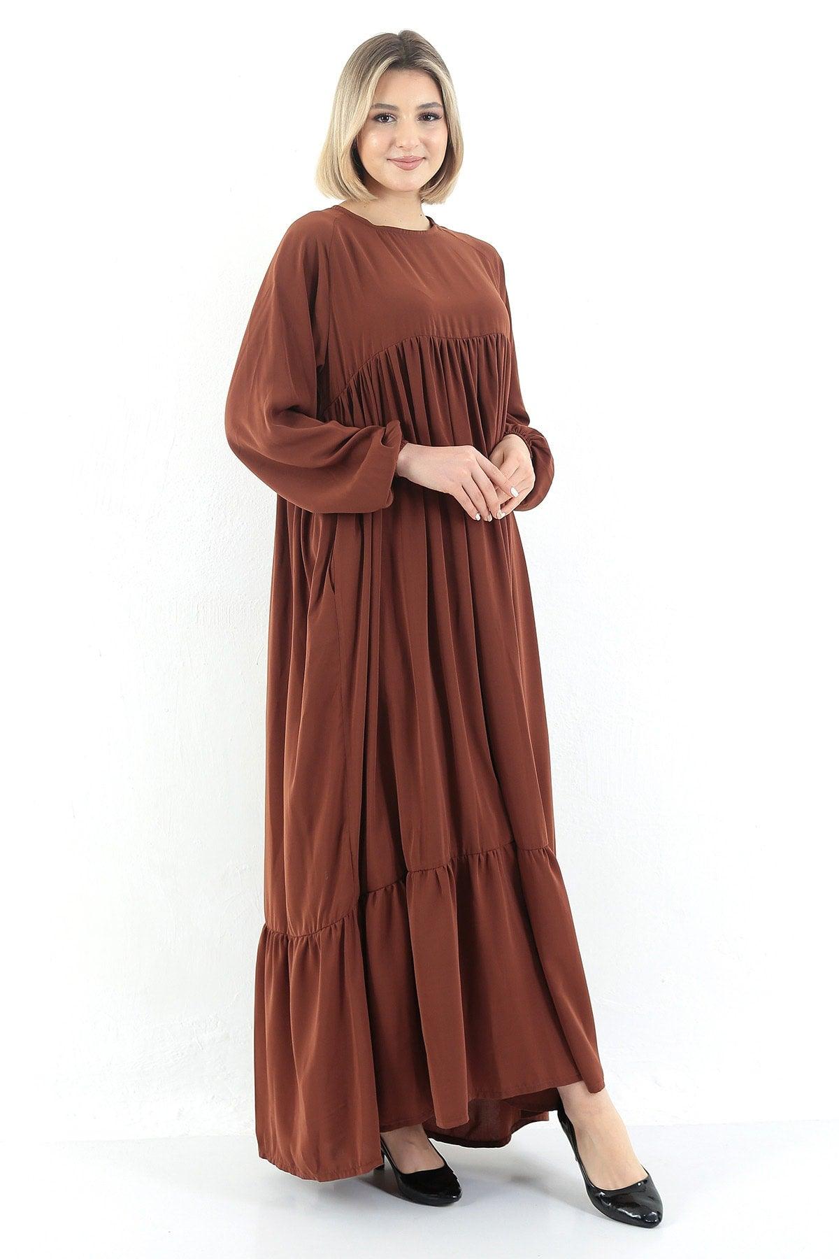 Tile Crew Neck Relaxed Fit Elastic Sleeve Side Pockets Pleated Robe Dress - Swordslife