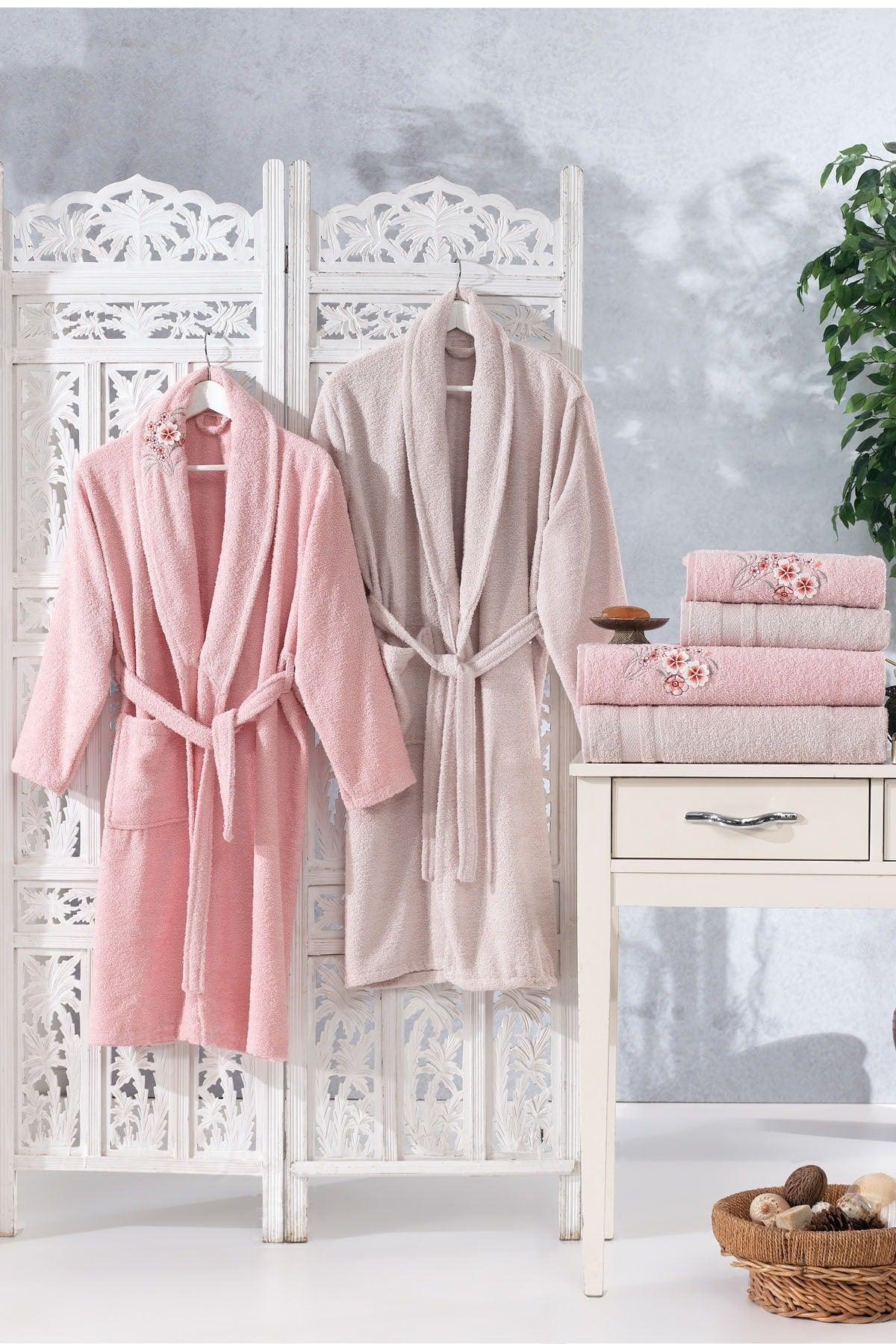 Family Embroidered Pink & Cappuccino Family Bathrobe Set 6 Pieces Dowry Women Men Bath Towel Set - Swordslife