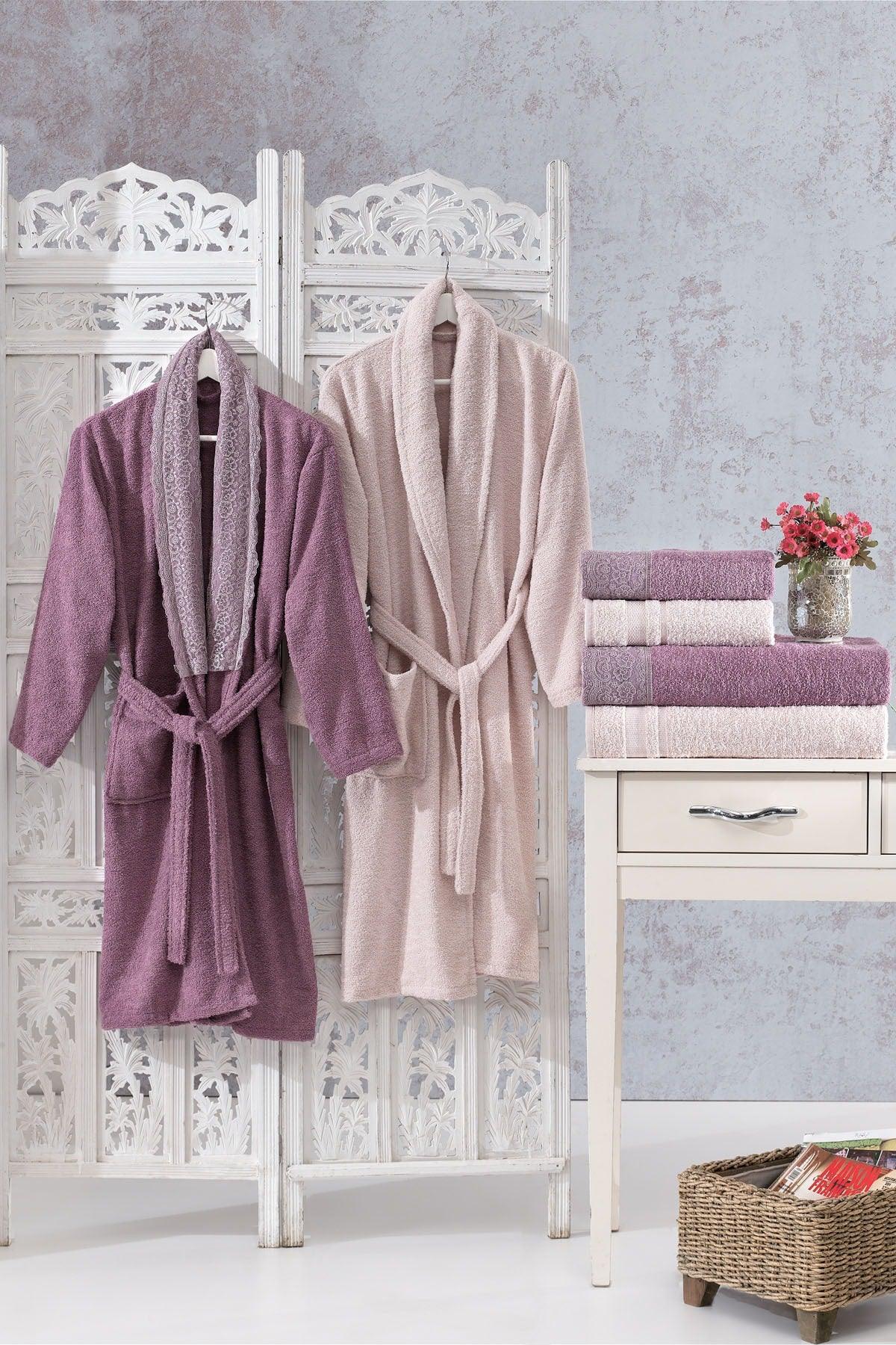 Family Lace Purple & Cappuccino Family Bathrobe Set 6 Pieces Dowry Women Men Bathrobe Towel Set - Swordslife