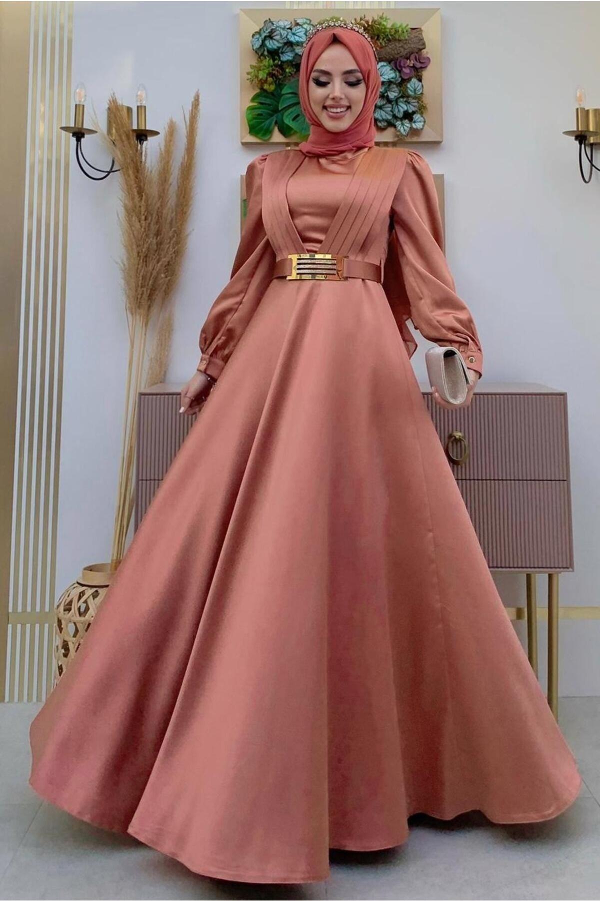 Women's Pink (GÜLKURUSU) Belted Pleated Detailed Satin Evening Dress T 2973 - Swordslife