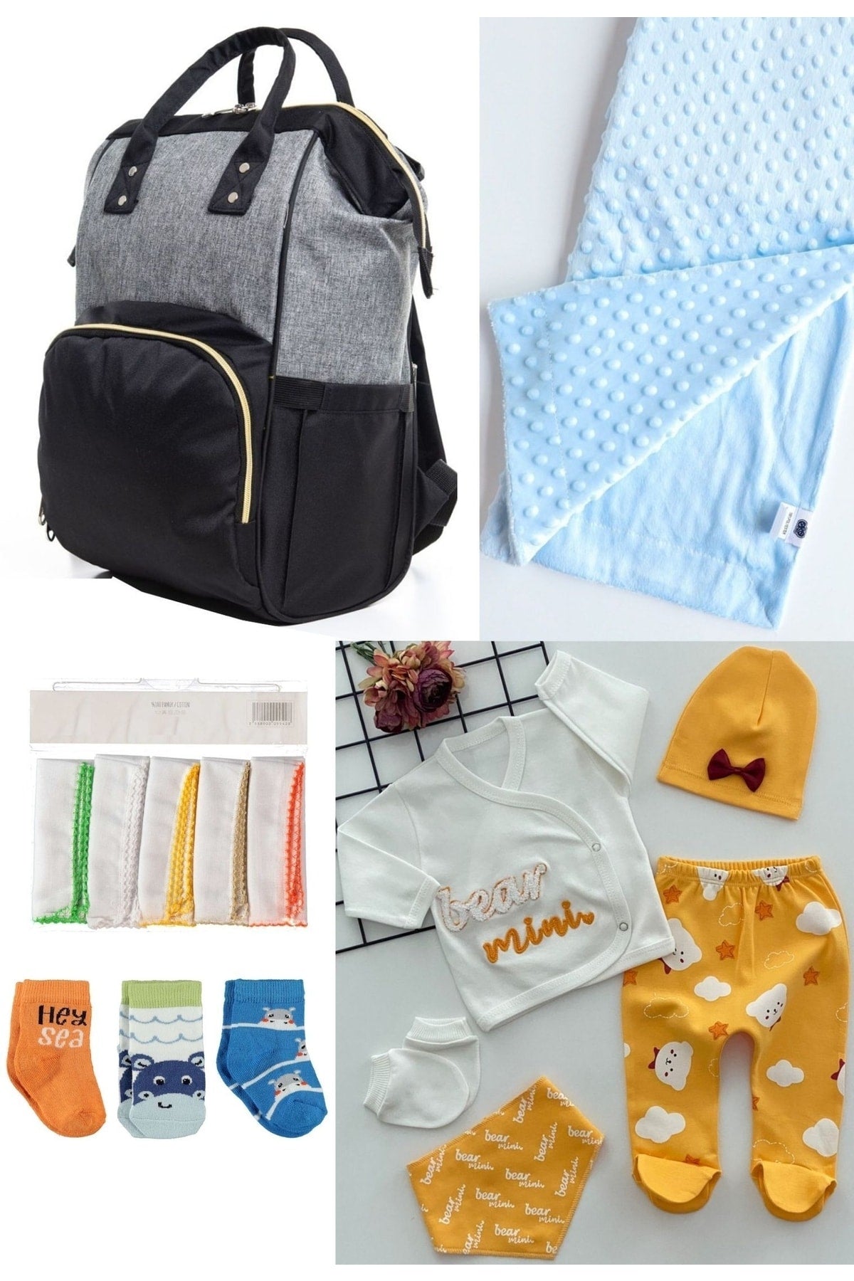 5 Piece Maternity Set (Baby Care Backpack, Hospital Exit, Chickpea Blanket, 10 Wipes and 3 Socks)