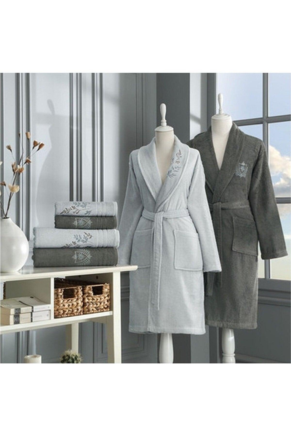 Soft Leaf Family Bathrobe Set Gray - Anthracite - Swordslife