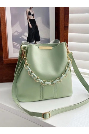 Women'S Mint Green Chain Accessory Soft Leather 3-Compartment Hand, Arm And Shoulder Bag