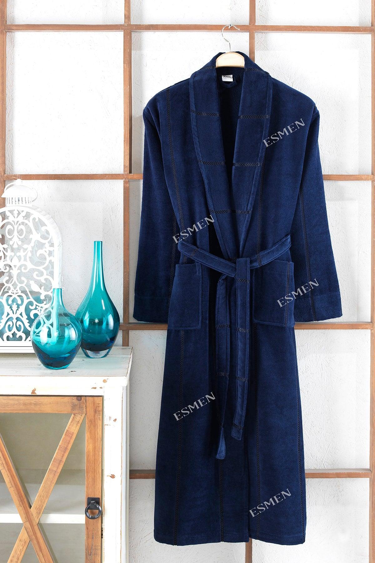 Men's Navy Blue Velvet Flush Bathrobe - Swordslife