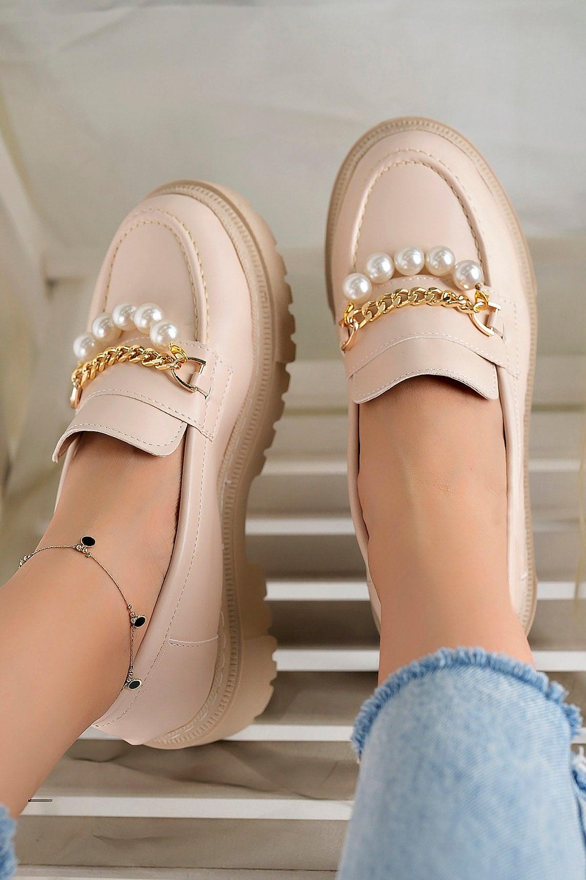 Women's Thick Sole Loafer Moccasin Shoes Pearl Beige - Swordslife