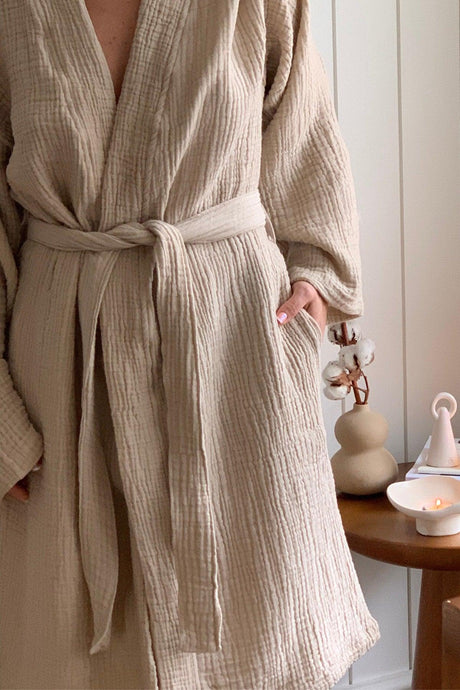 4 Layer Muslin Bathrobe Dressing Gown, 100% Cotton Kimono, Beige - Swordslife