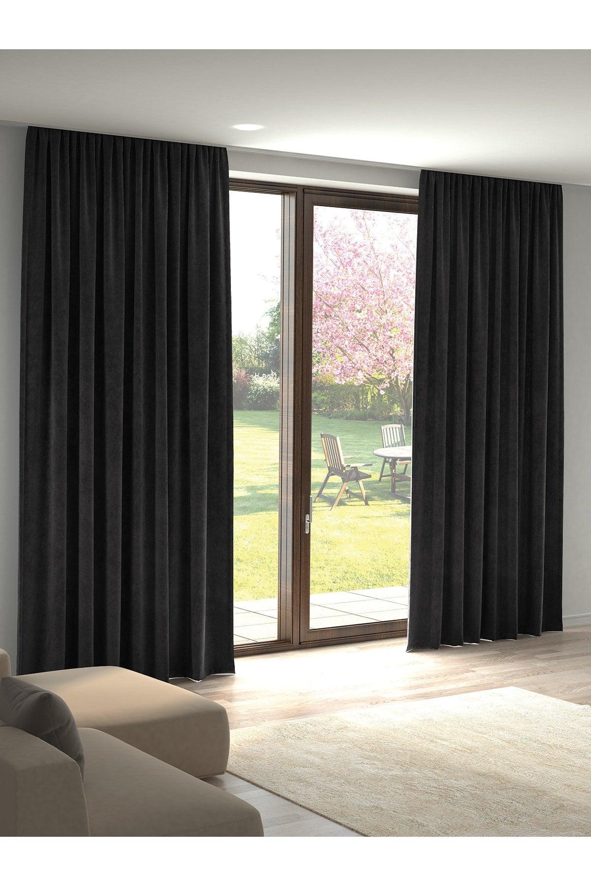 Velvet Textured Black Island Fund Curtain Extraforward Pleated - Swordslife