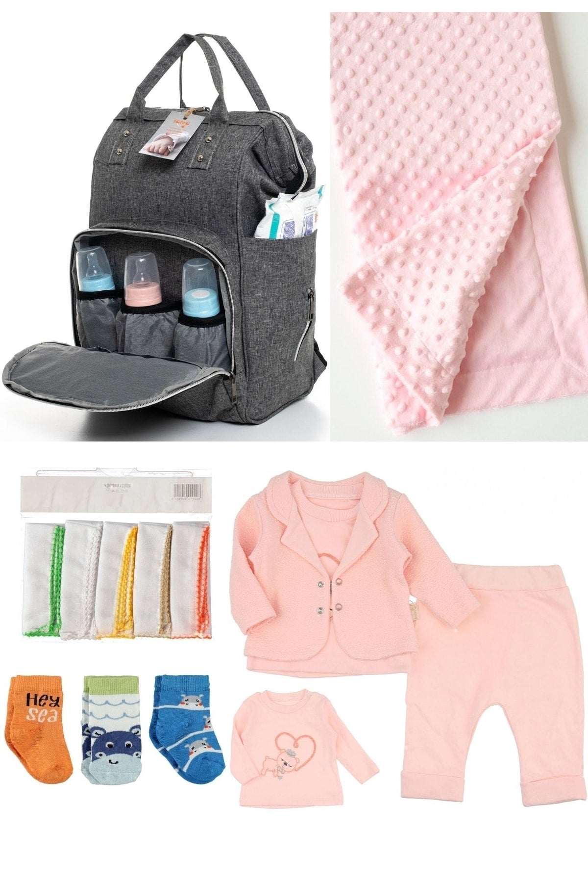 5 Piece Maternity Set (Baby Care Backpack, Hospital Exit, Chickpea Blanket, 10 Wipes and 3 Socks)