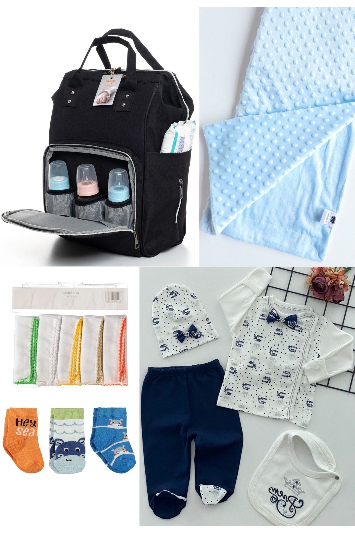 5 Piece Maternity Set (Baby Care Backpack, Hospital Exit, Chickpea Blanket, 10 Wipes And 3 Socks)