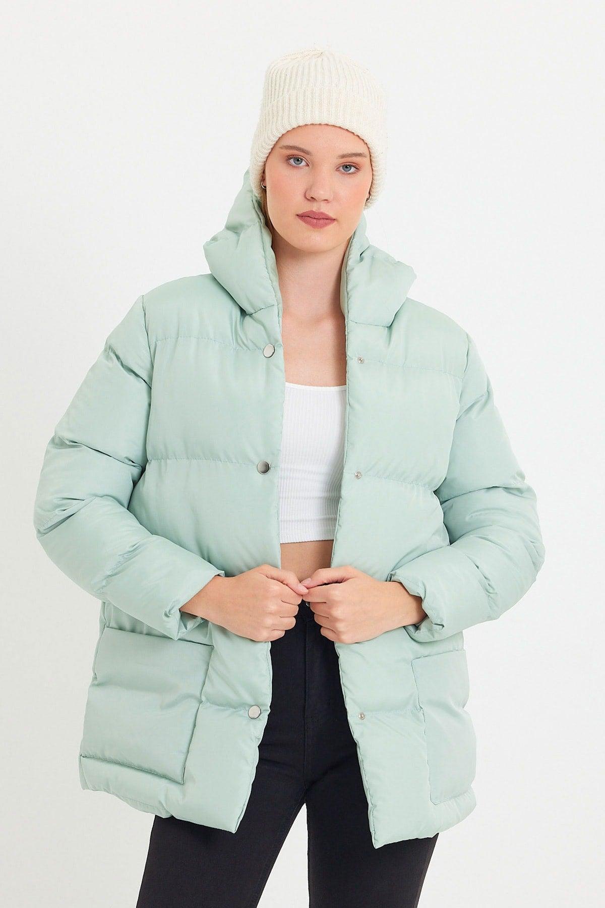 Women's Mint Green Monica Regular Fit Long Front Button Filled Waterproof Fabric Hooded Coat Tbg094 - Swordslife