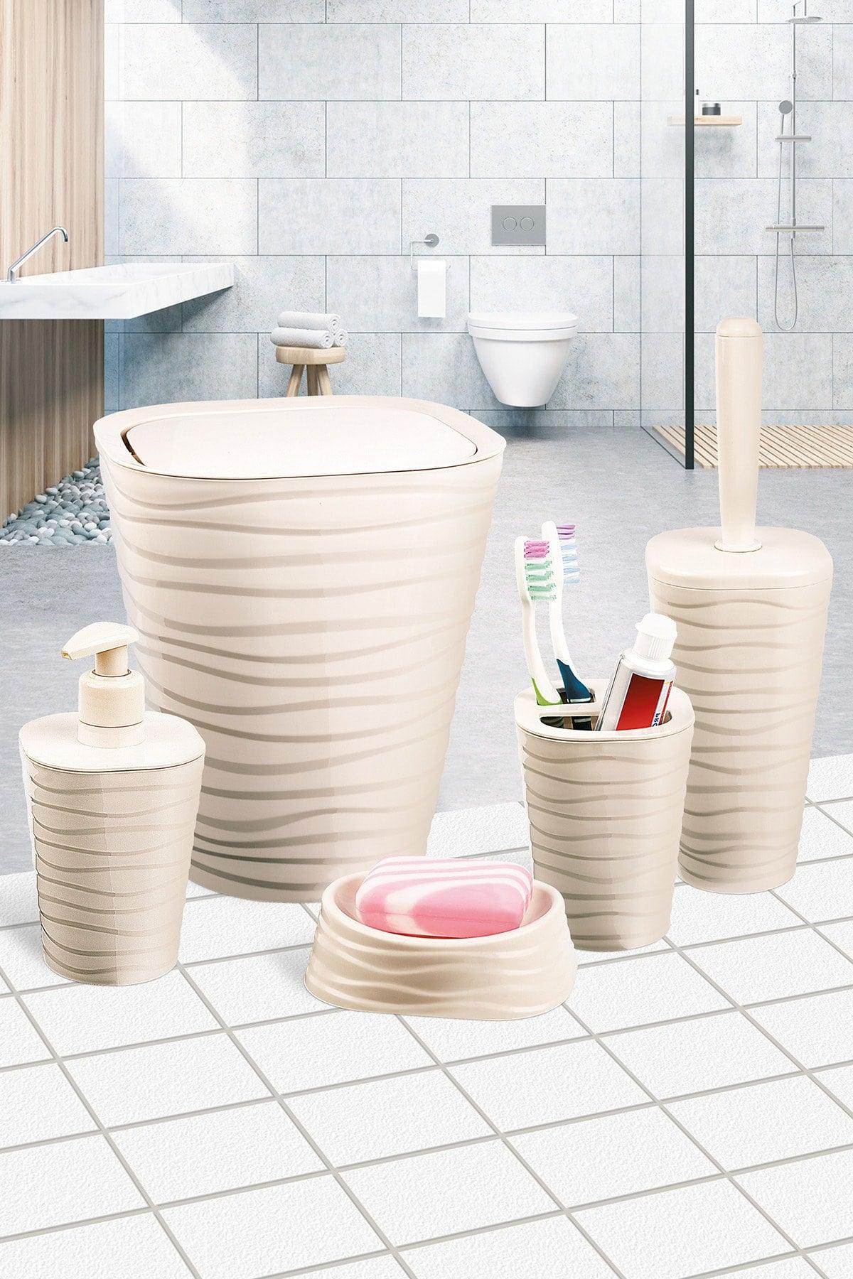 Pandora Bathroom Set 5 pcs-beige 5 Pcs Trash Can Toilet Brush 2 Soap Dispenser Toothbrush Holder - Swordslife