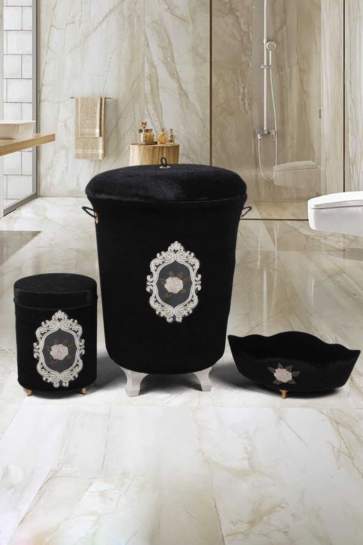 Shems Black 3 Piece Velvet Bathroom Set Guipure Dirty Laundry Basket Set - Swordslife