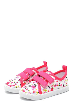 Floral Patterned Double Velcro Linen Sports Children'S Shoes-Fuchsia-F-498