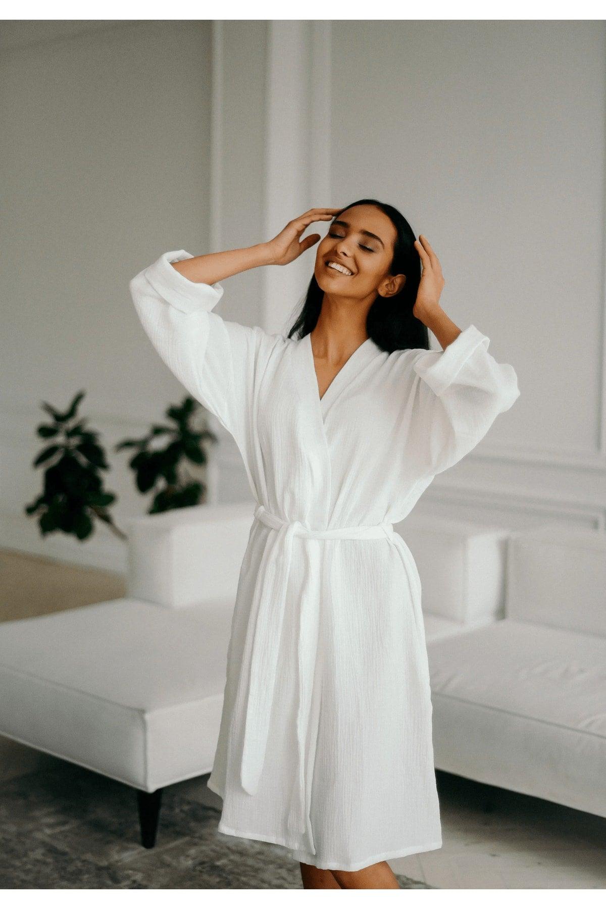 100% Cotton 4 Layer Muslin Unisex Bathrobe - Dressing Gown White - Swordslife