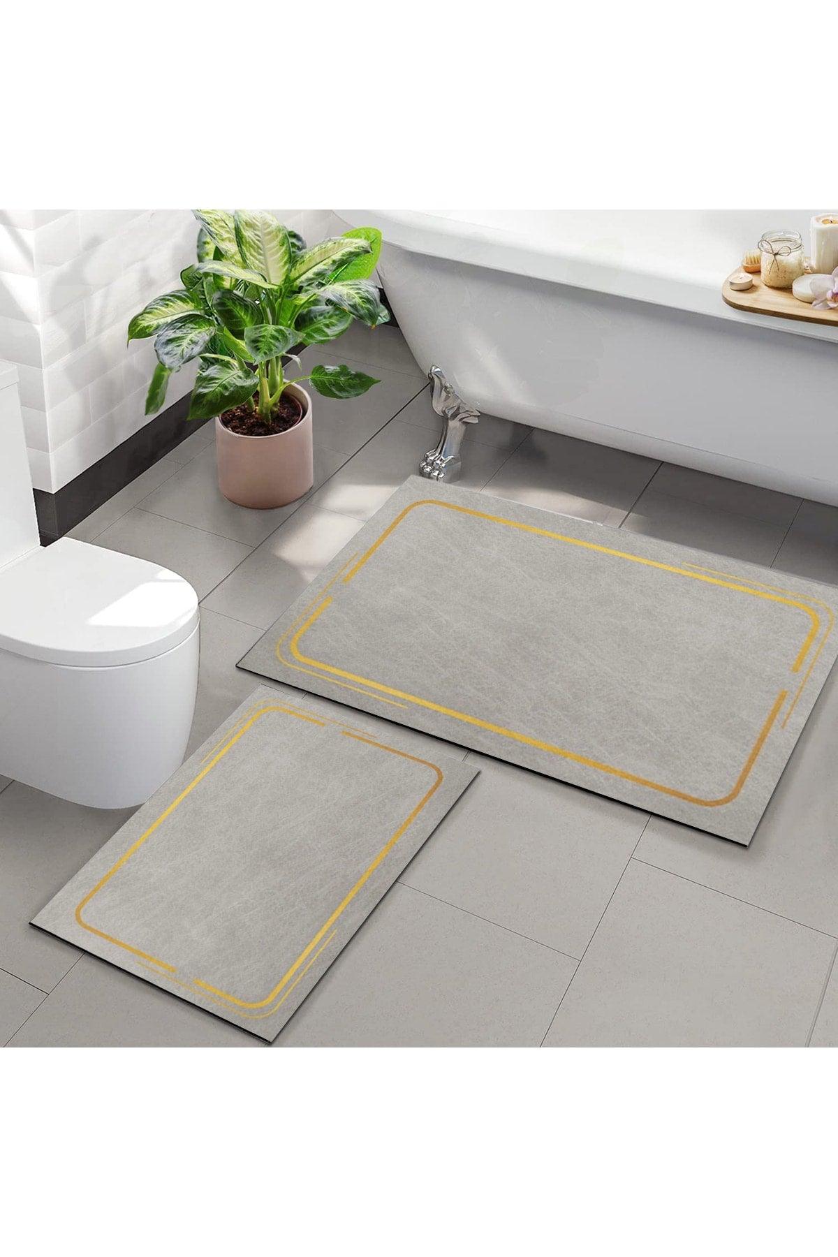 Else Gray Yellow Patterned Washable Non-Slip Floor 2 Bathroom Carpet Doormat Closet Set - Swordslife