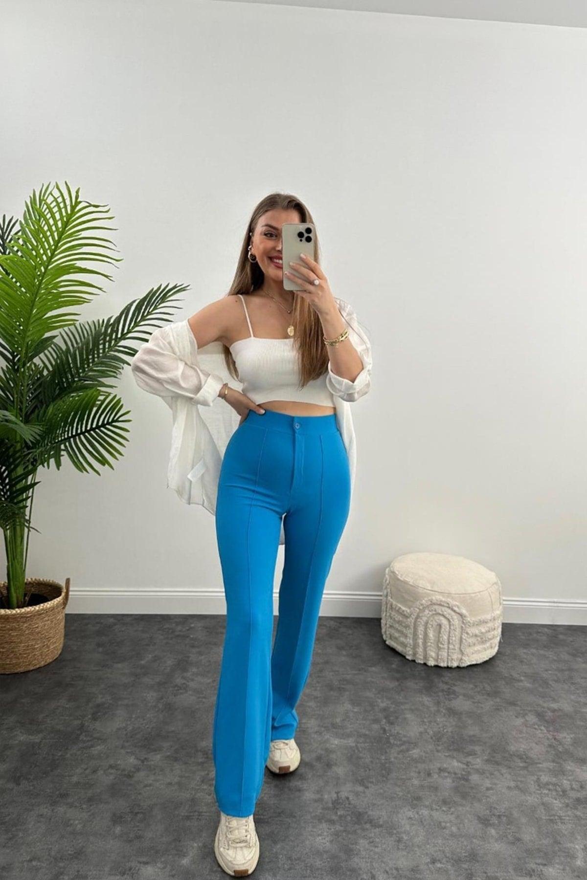 Ultra High Waist Crepe Fabric Lycra Palazzo Trousers Turquoise - Swordslife