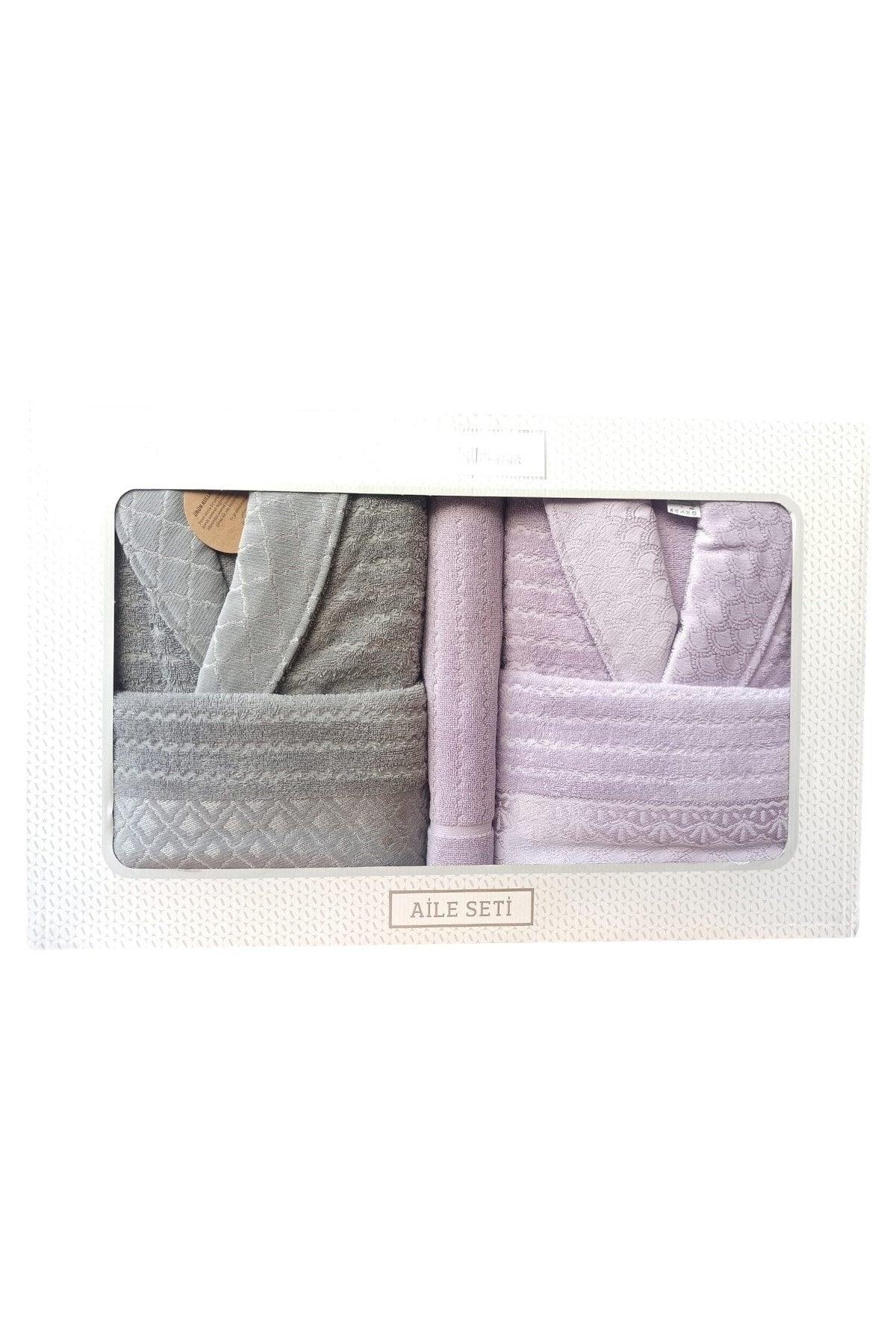 Peonies Happy Family Bathrobe Set- 5 Pieces- Gray Lilac - Swordslife