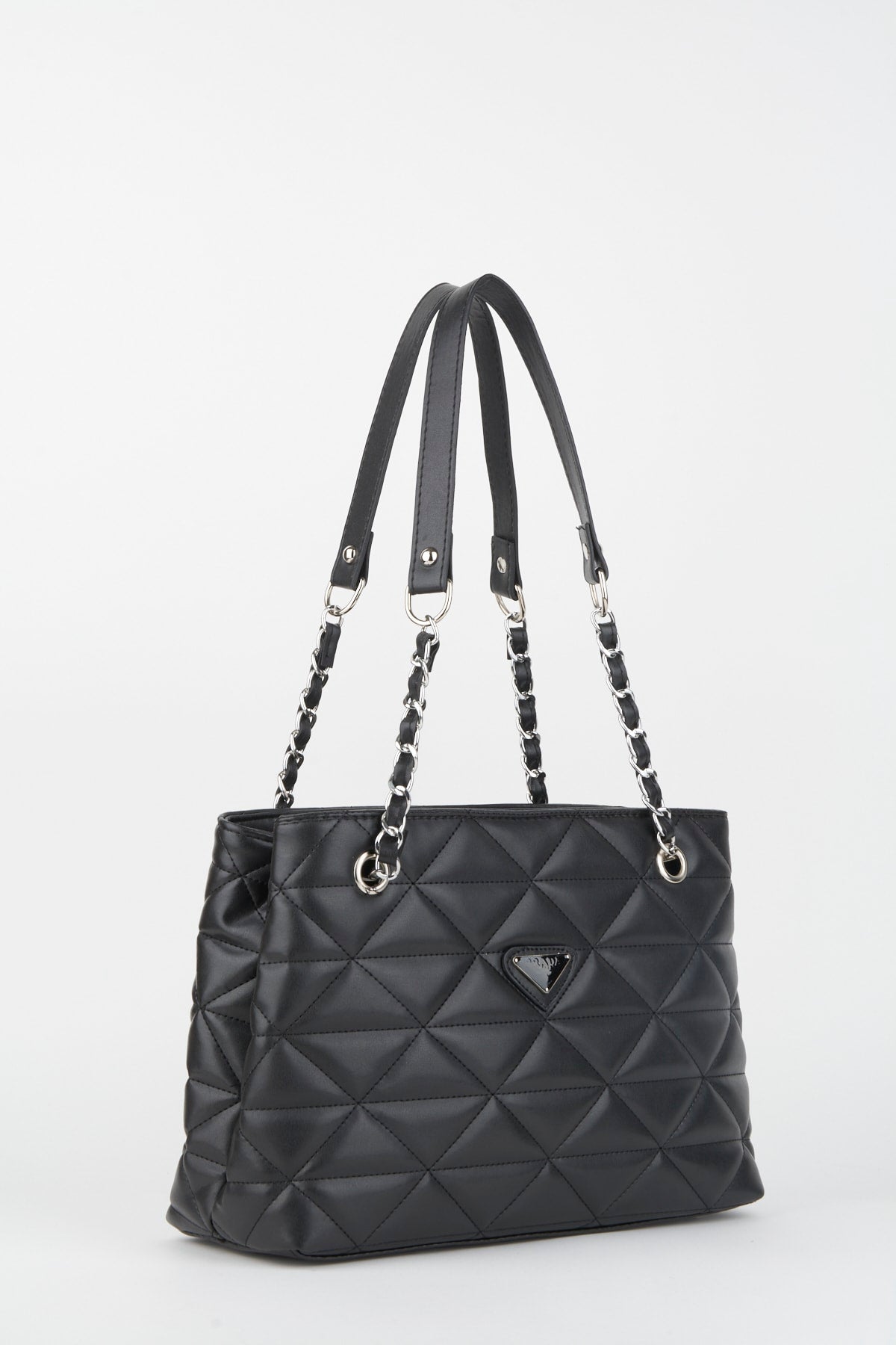Crocos Black Quilted 3 Compartment Zipper Closure Lined Hand Arm And Shoulder Bag With Chain Strap