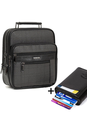 Adelina Men'S Black Leather Plaid Steel Case Handbag And Card Holder Wallet With Mechanism