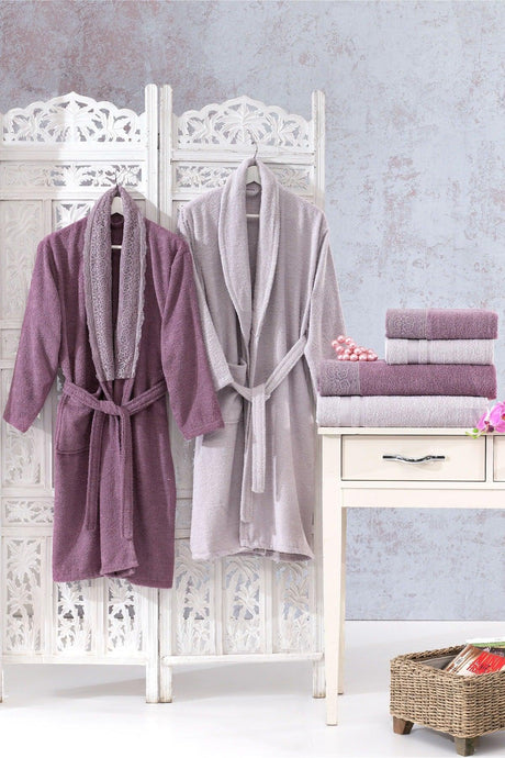 Family Lace Purple & Lilac Family Bathrobe Set 6 Pieces Dowry Women Men Bathrobes Bath Towel Set - Swordslife