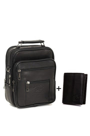 Men'S Black Genuine Leather Steel Case Hand And Shoulder Bag And Genuine Leather Wallet Set 100% Genuine Leather