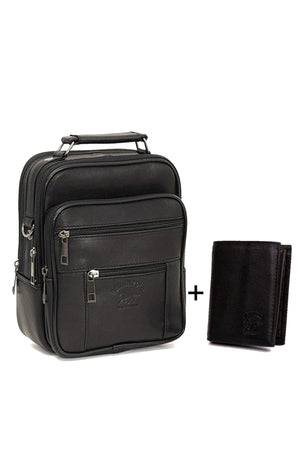 Men'S Black Genuine Leather Steel Case Hand And Shoulder Bag And Genuine Leather Wallet Set 100% Genuine Leather
