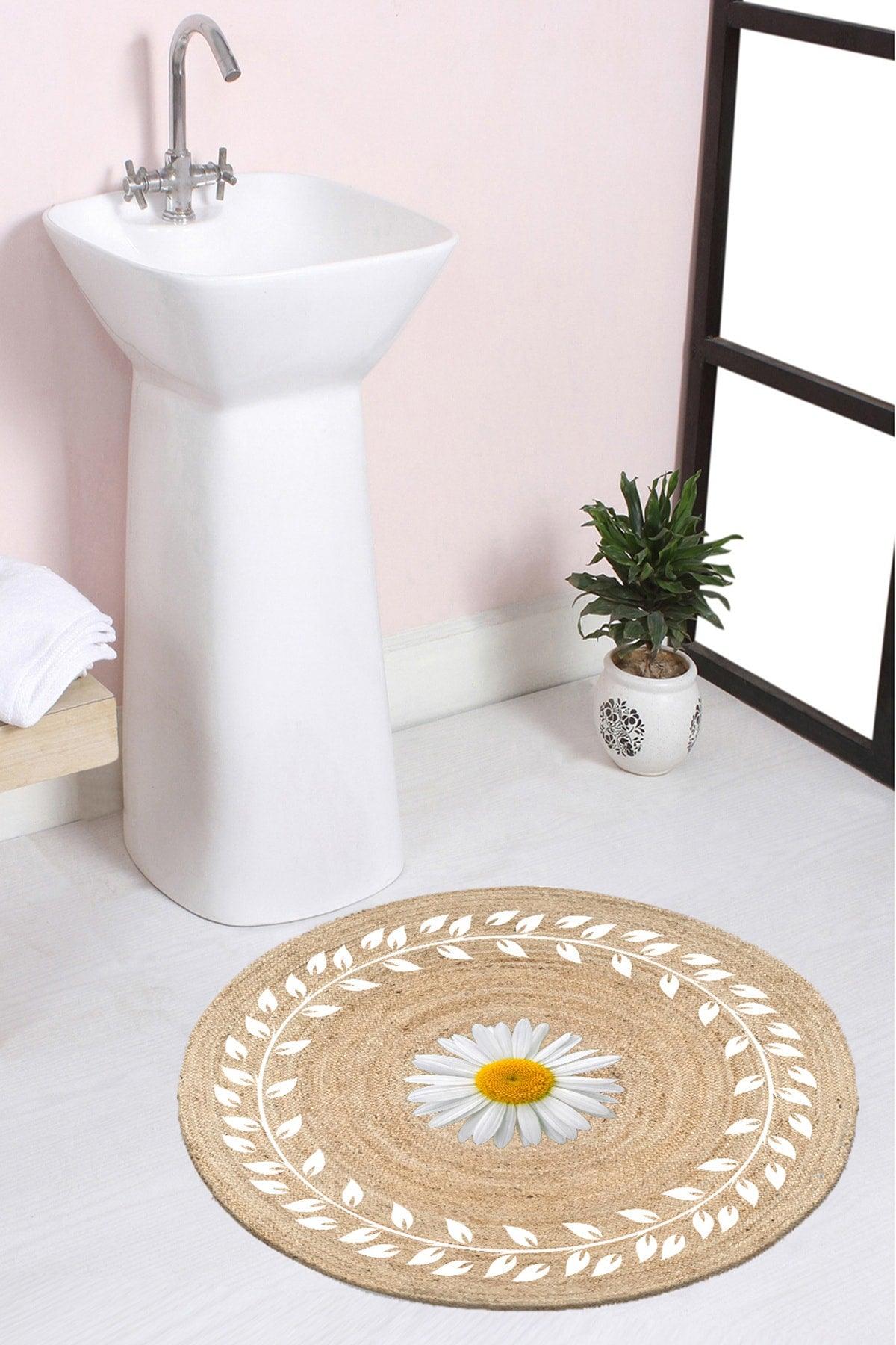 Floral Patterned Rope Straw Jute Knit Round Carpet Bath Mat 80x80cm - Swordslife