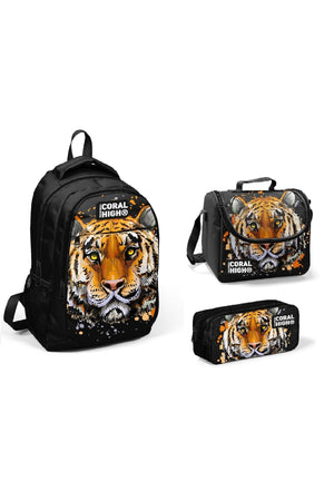 Kids Black Tiger Patterned Three Compartment 3-Pack Bag Set