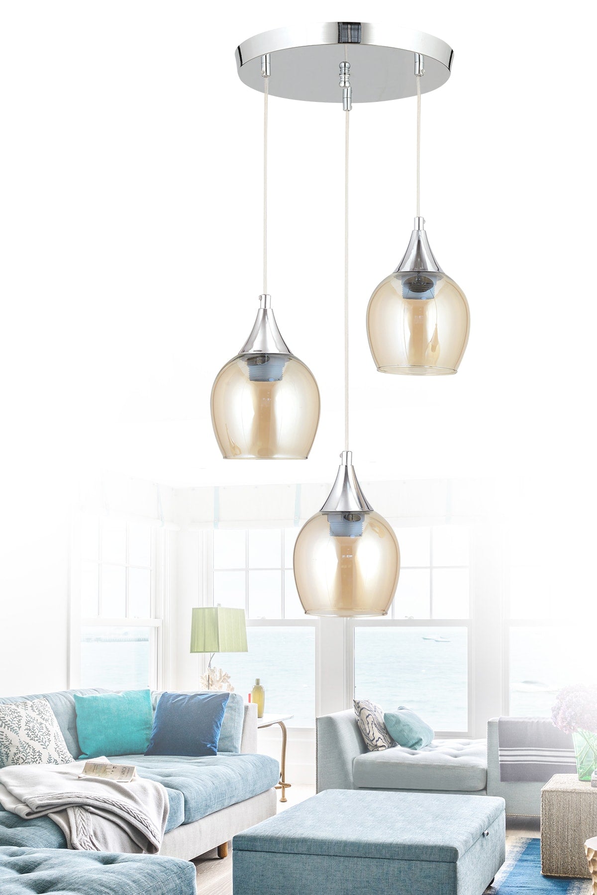 Sante 3-Piece Chrome Honey Glass Modern Pendant Lamp Chandelier Living Room Kitchen Room Hallway Chandelier
