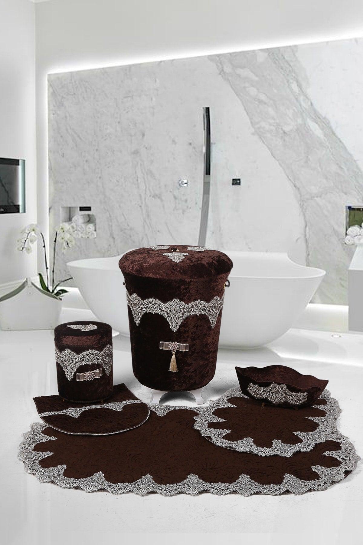 Luxury Brown 6 Pcs Lacy Bathroom Dirty Laundry Basket Set Bath Mat Set - Swordslife