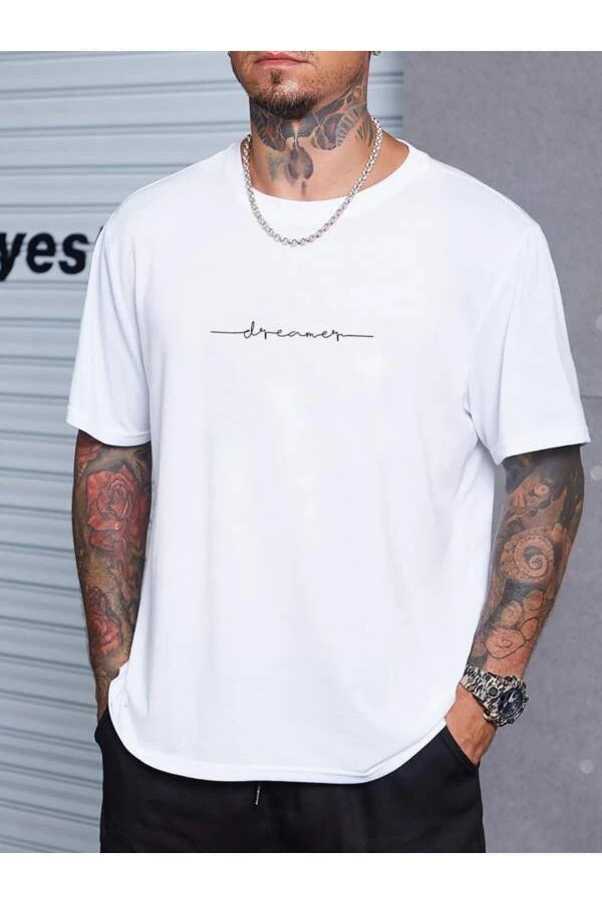Black Sokak Men's White Dreamer Printed Oversize Crew Neck Tshirt