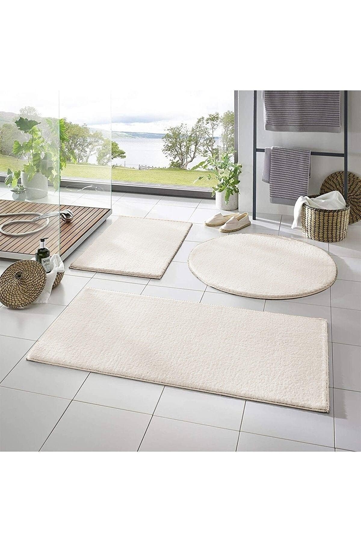 Sarar Post 3 Pcs Bathroom Carpet (60X100, 40X60, 60X60 ROUND) Plush Post Carpet Closet Set Cream - Swordslife