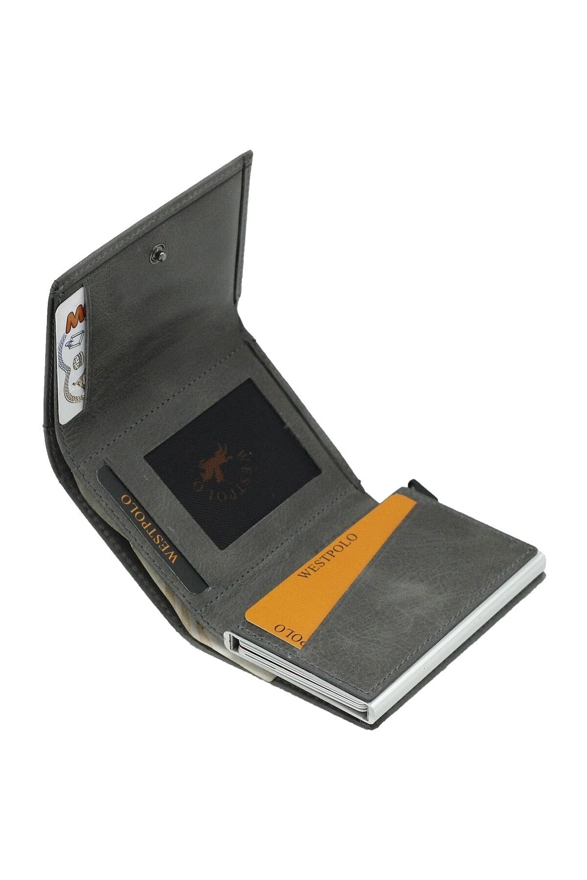 Men's Gray Genuine Leather Mechanism Wallet Card Holder