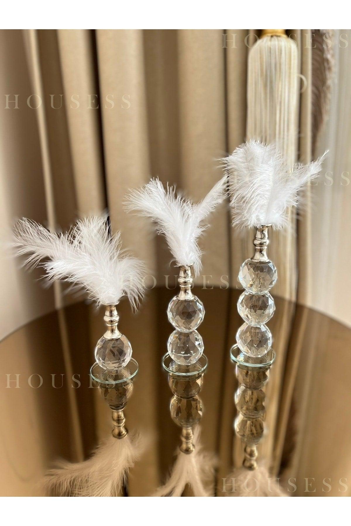 3 Pack White Feathered Silver Crystal Ball Feather Decor Trinket Ornament - Swordslife