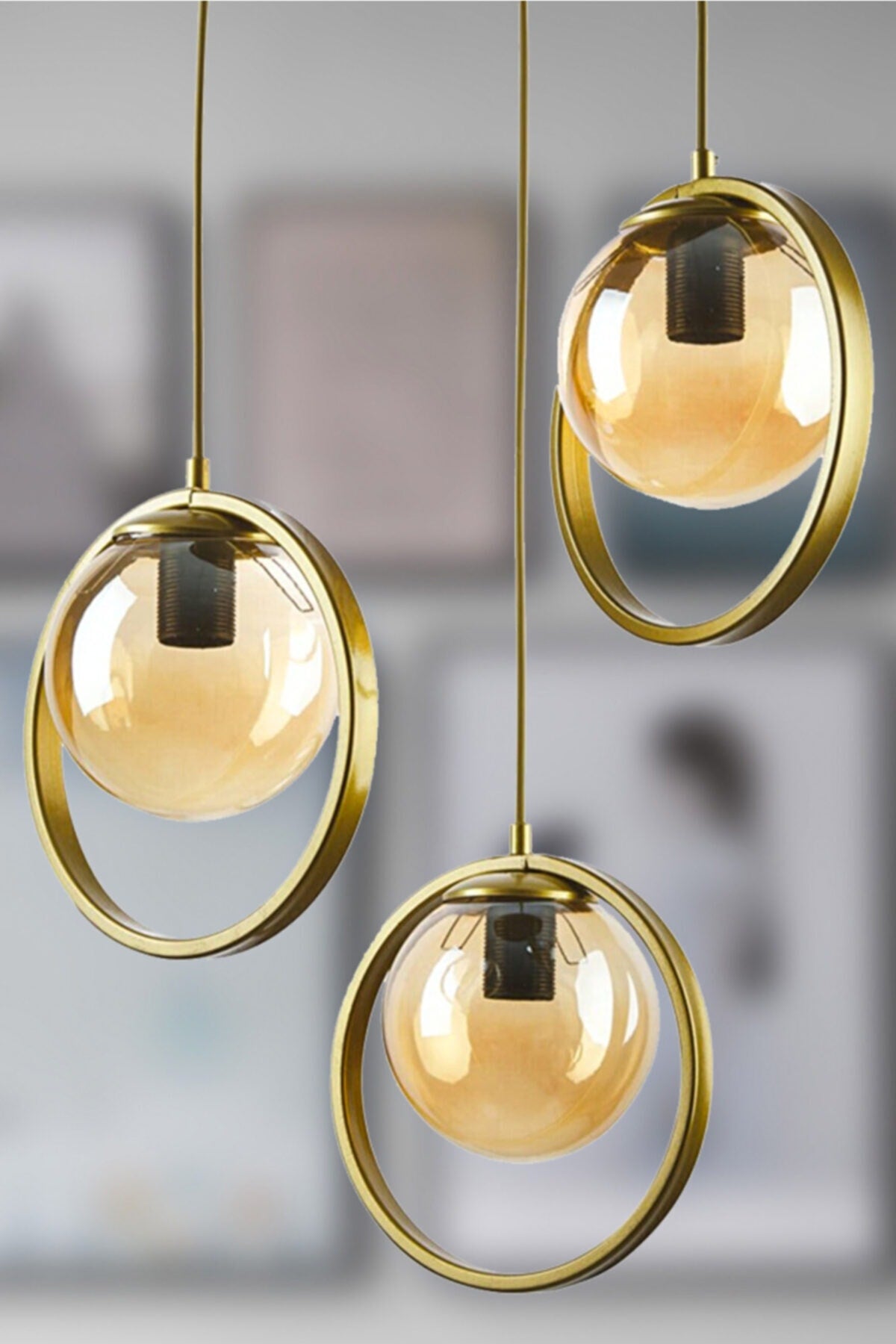 Nina Modern Metal Gold Color Ring Closed Honey Glass Pendant Lamp Living Room - Kitchen - Bedroom 3-Piece Chandelier