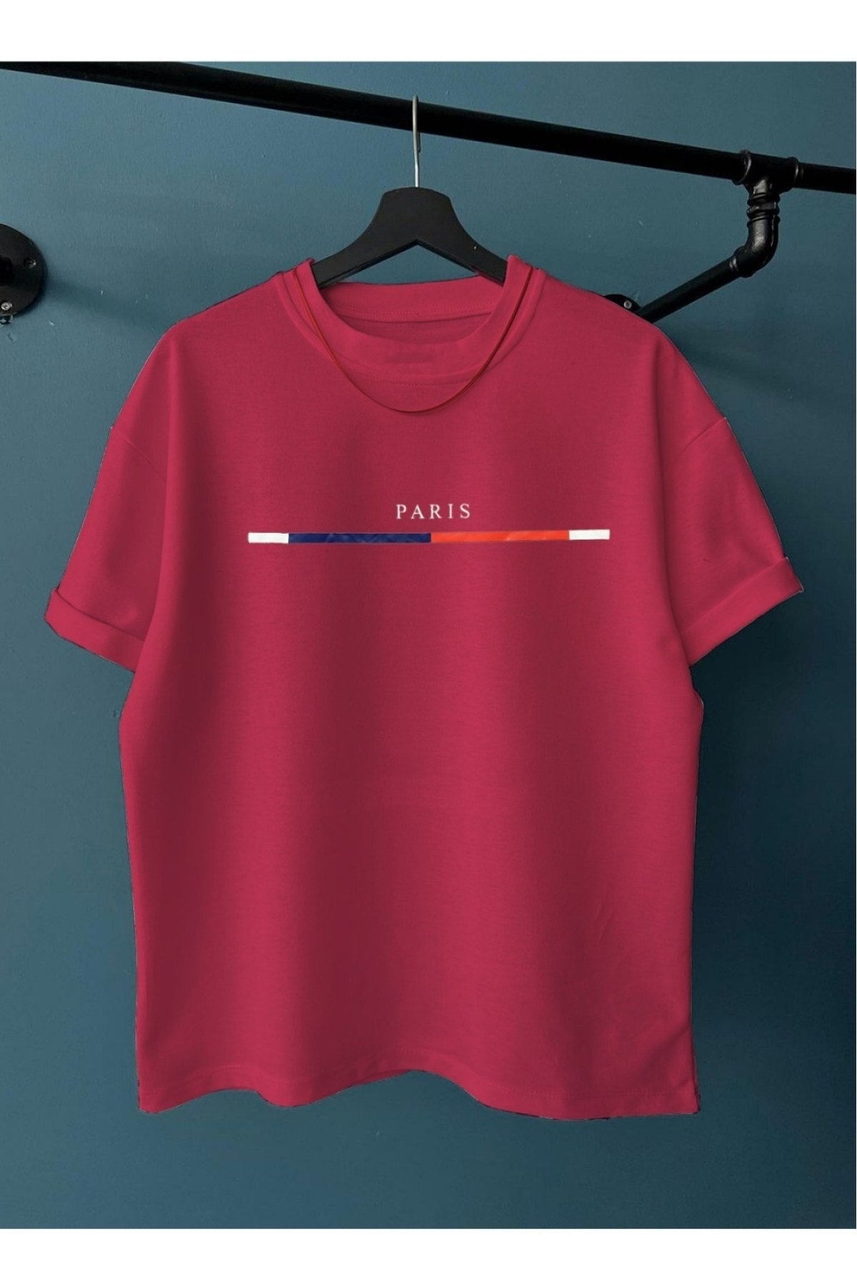 Men'S Burgundy Chest Slim Striped Paris Printed Oversize Crew Neck T-Shirt