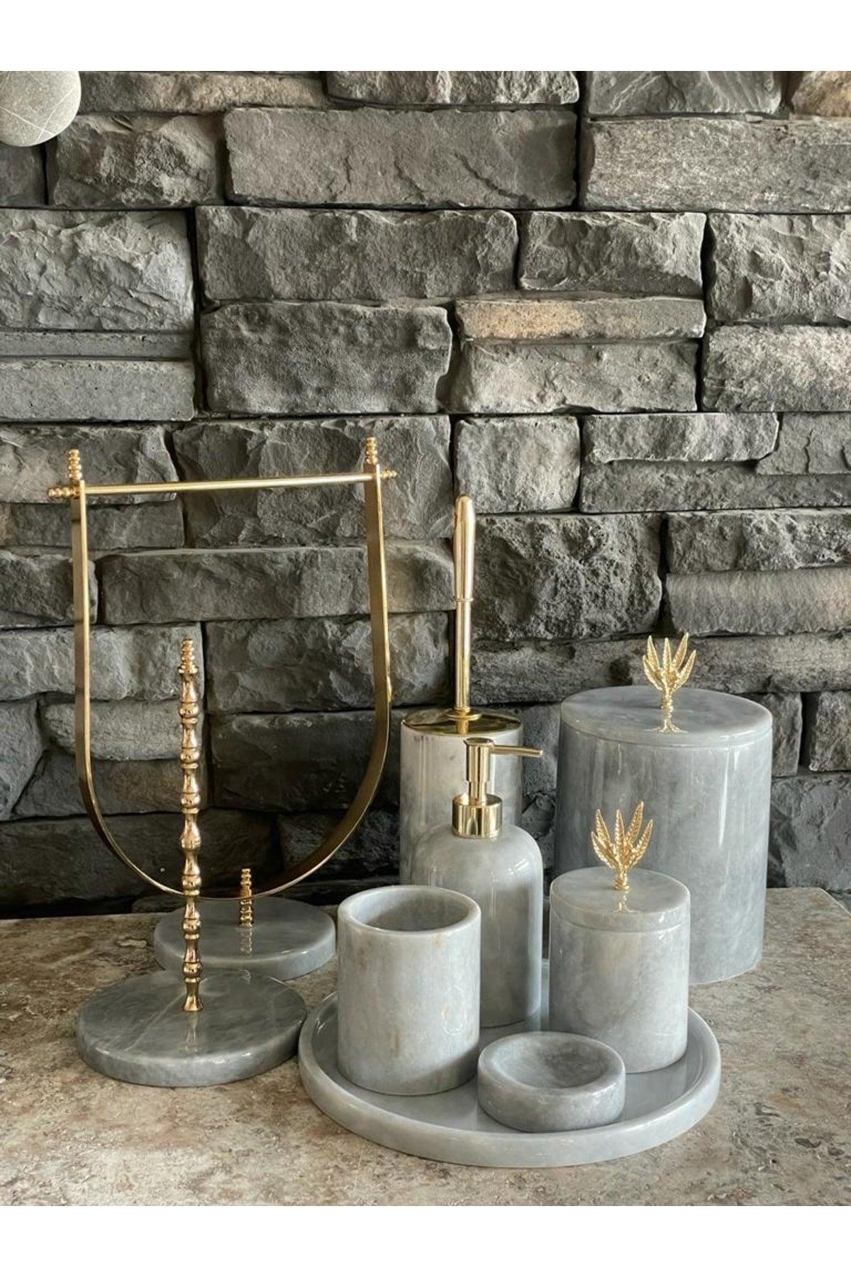 Gray Natural Marble Gold Olive Branch Accessory 9 Pcs Bathroom Set - Swordslife