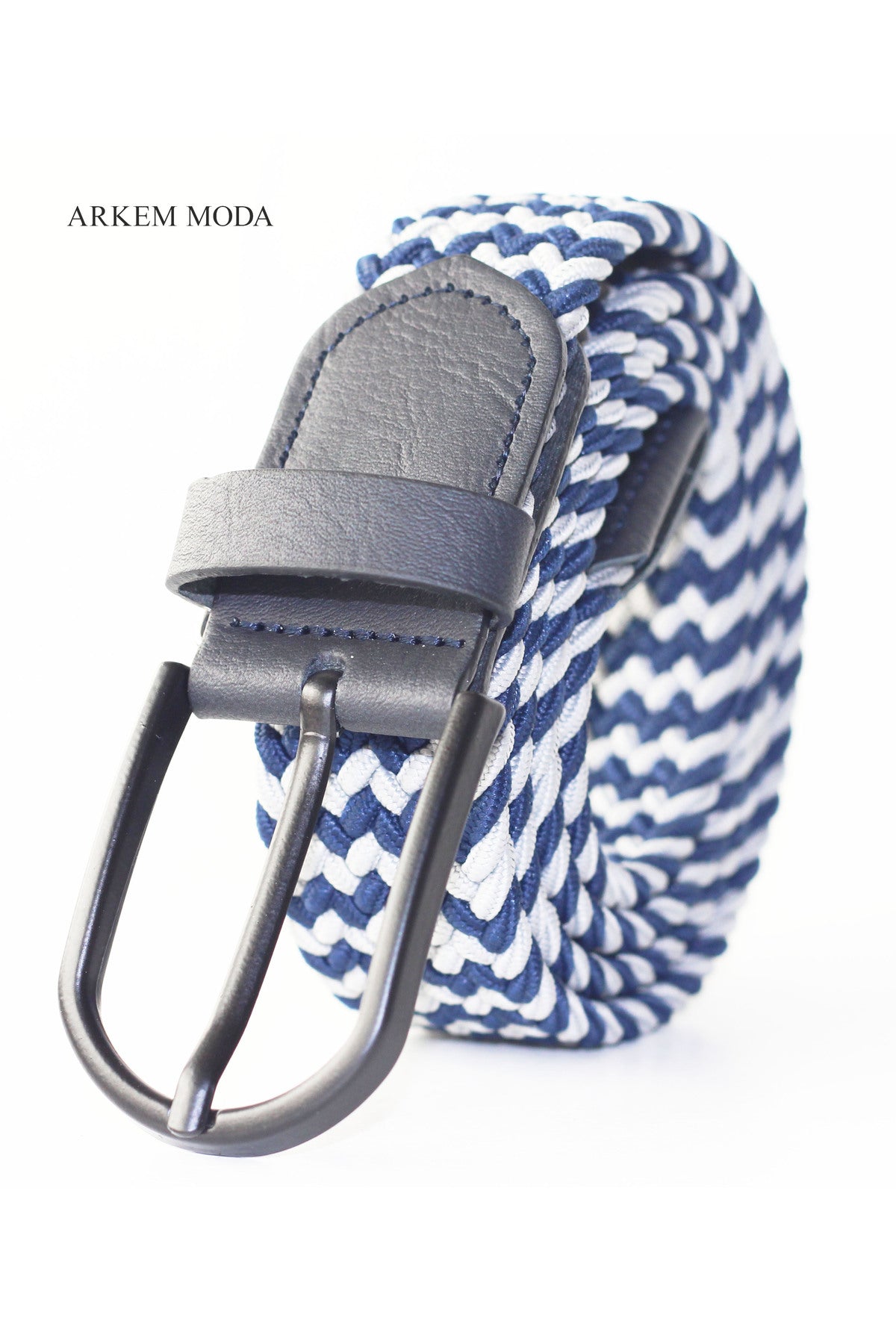Braided Elastic Belt Navy Blue-Grey Denim, Jean, Sort Men'S Belt 3,5 Cm
