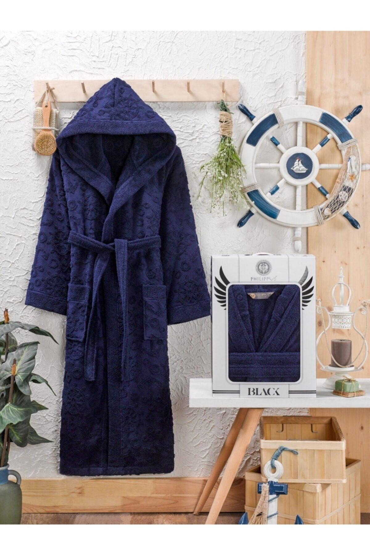 Men's Navy Blue Long Hooded Bathrobe - Swordslife