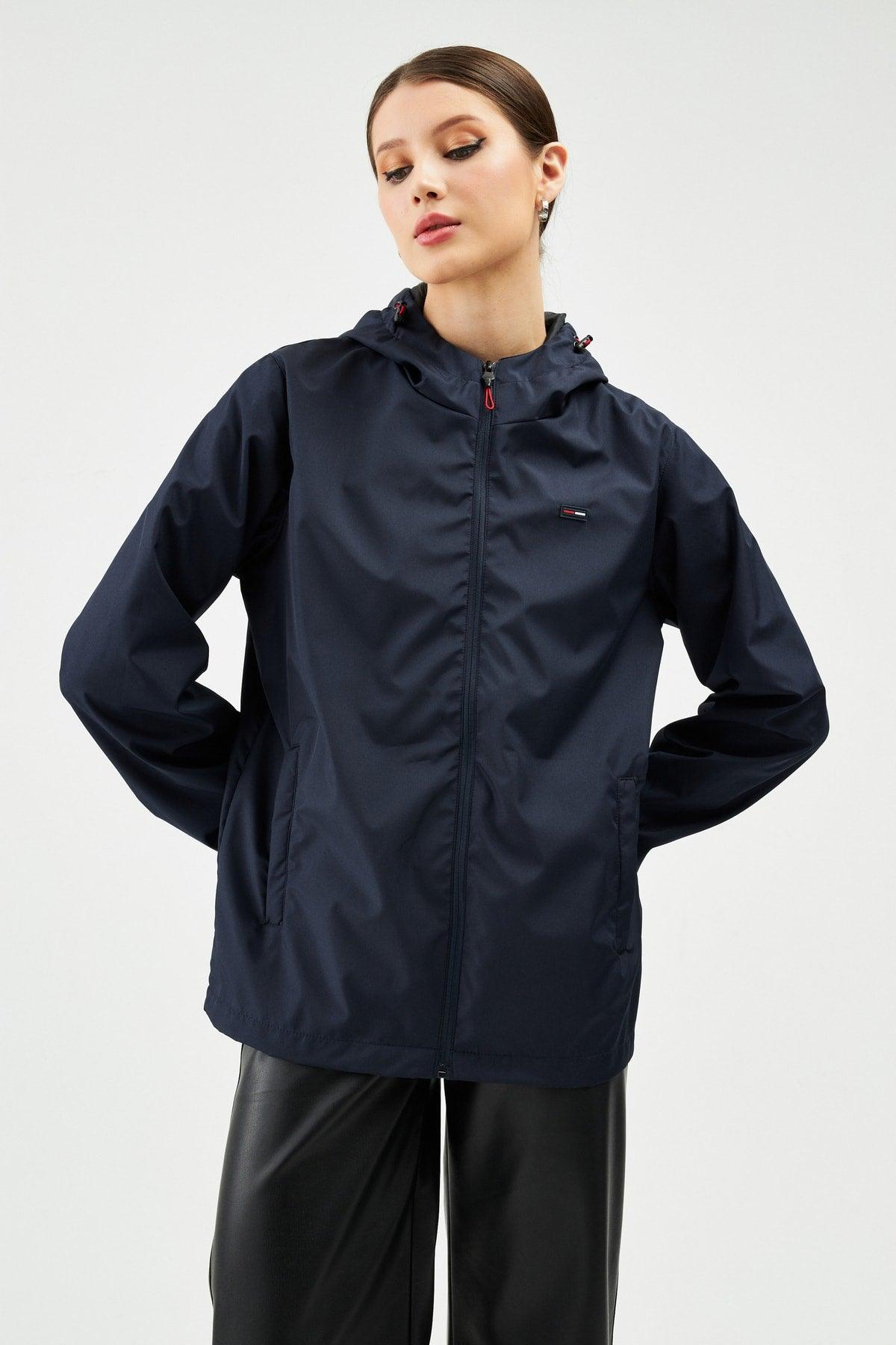 Women's Navy Blue Inner Lined Waterproof Hooded Raincoat with Pocket - Windbreaker Jacket - Swordslife