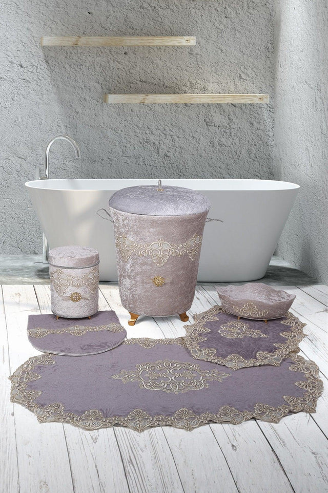 Aplique Lux Gray 6 Piece Velvet Bathroom Set Dirty Laundry Basket Set Bath Mat Set - Swordslife